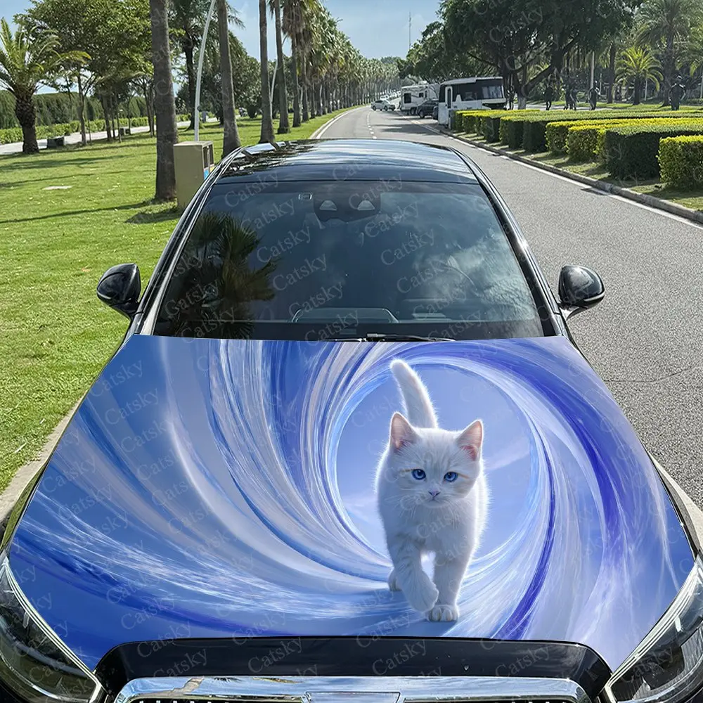 Eye-Catching Adorable White Cat Blue Wave Car Cover Sticker, Auto Hood Decal, Car Exterior Scratch Resistant Decal, Trendy Gift