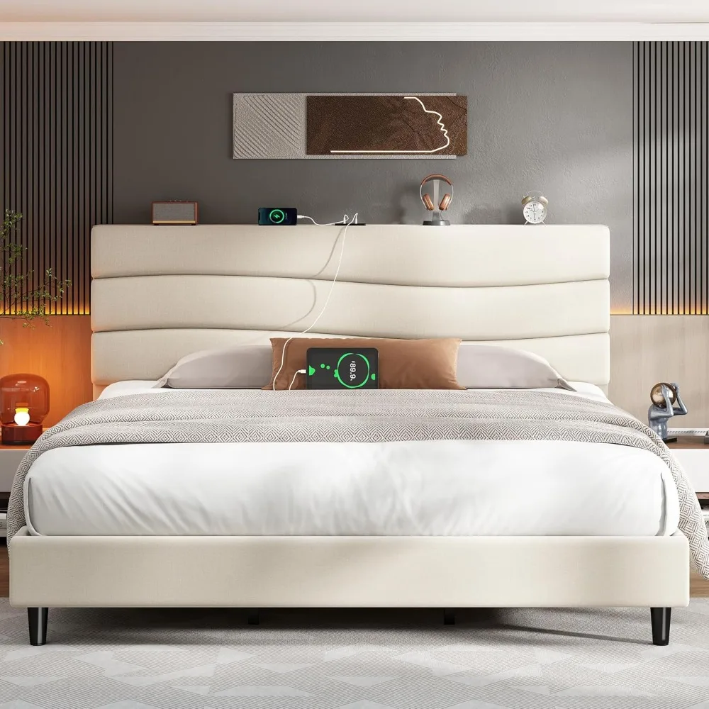 Estructura con cabecero tapizado en tela, estructura de cama king con cabecero de almacenamiento y 3 estaciones de carga, listones de madera