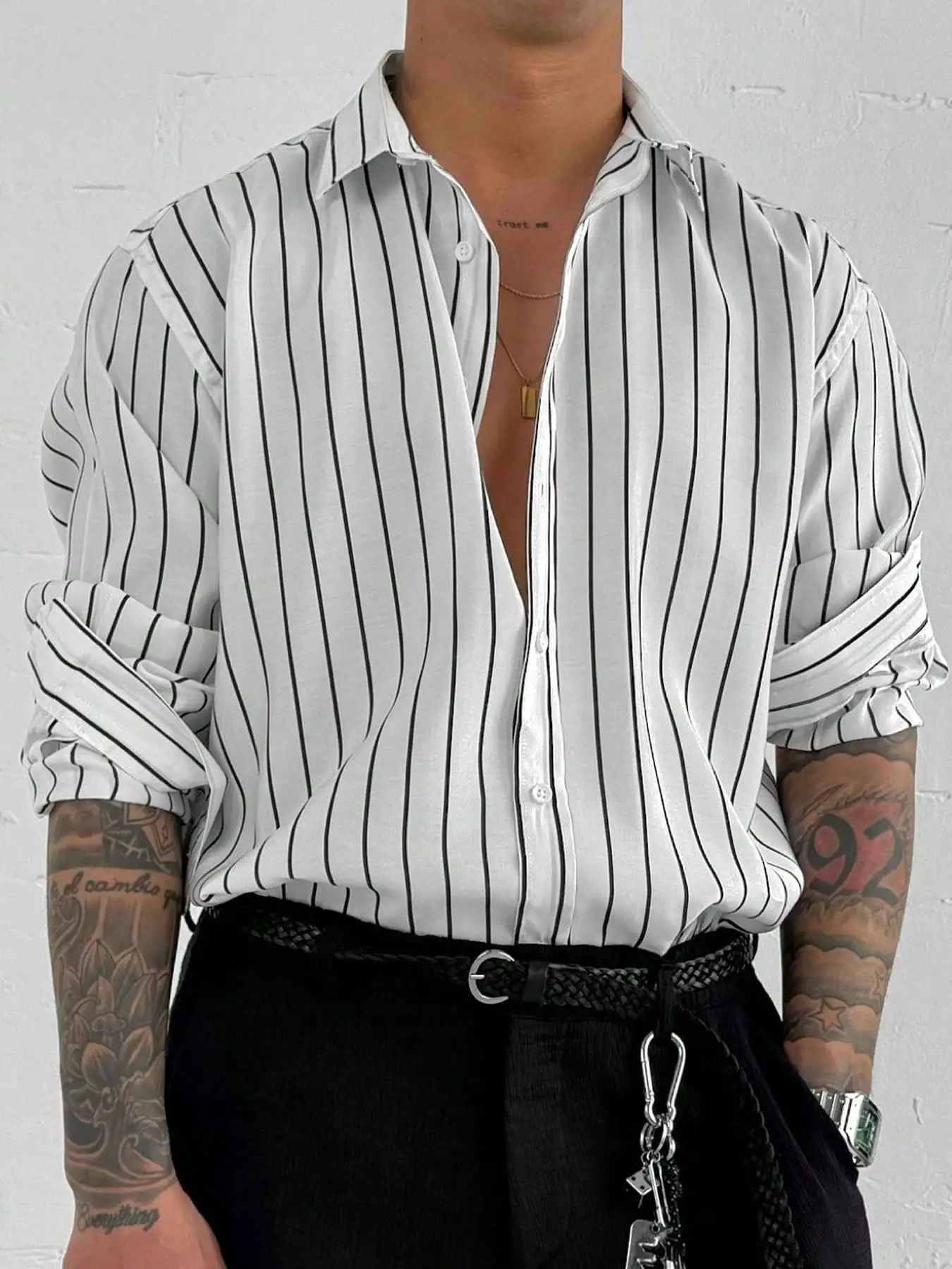 

Men's White Black Stripe Long Sleeve Casual Shirt, Fall Season