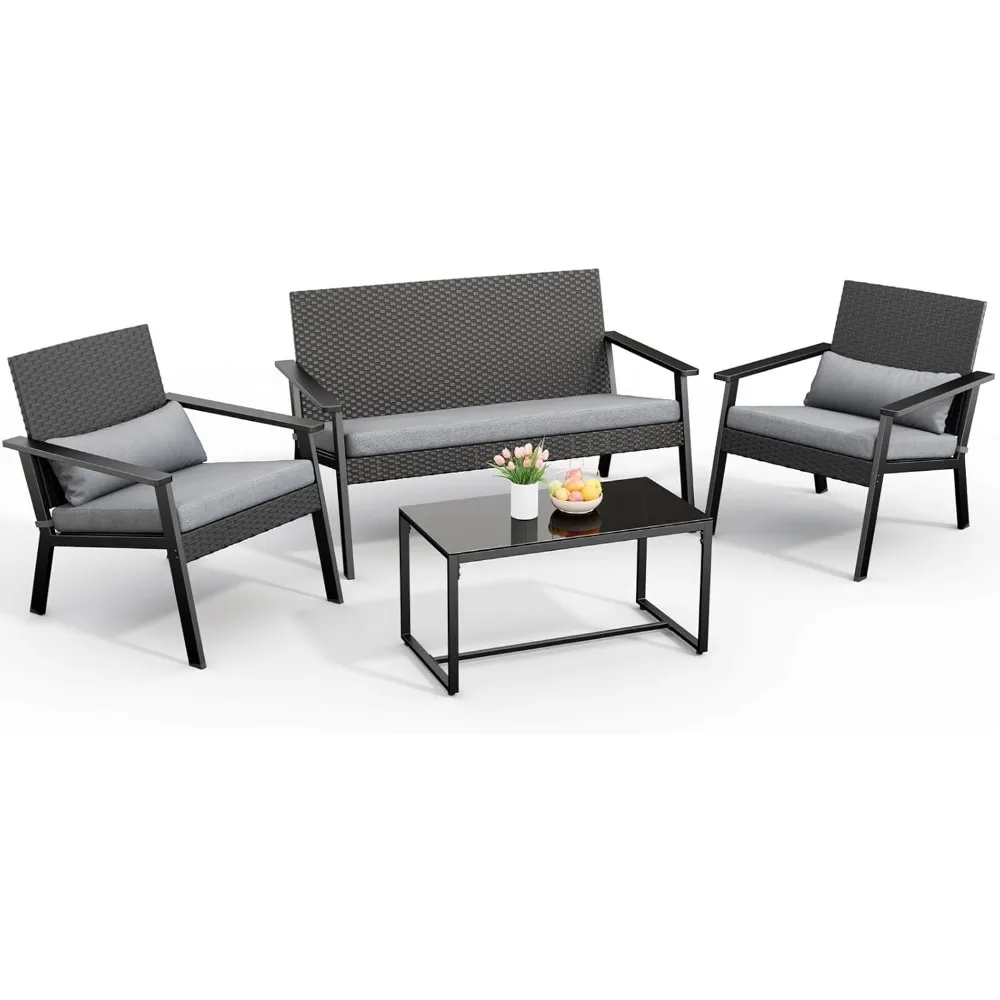 

4-Piece Outdoor Wicker Patio Furniture Set with Deep Seating Cushions and Table for Balcony, Backyard, and Porch (Gray)