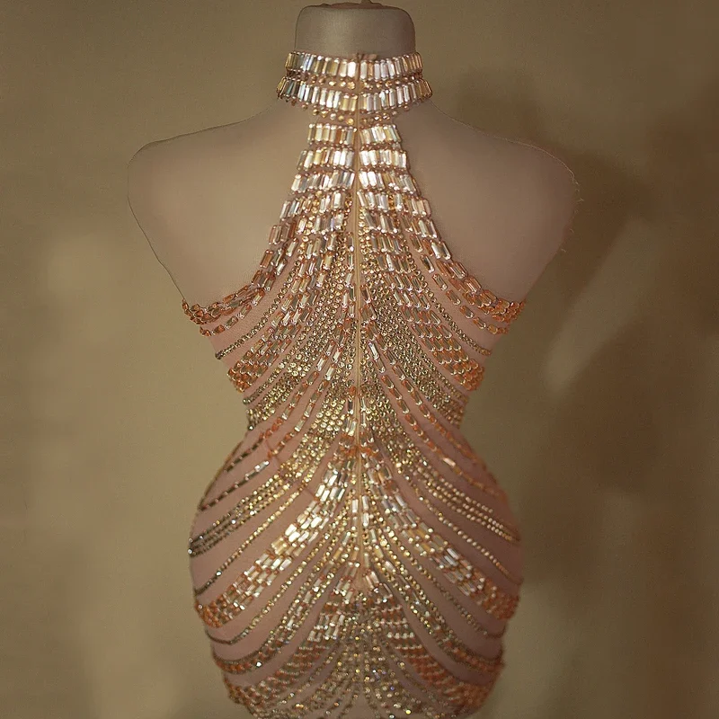 Gold Rhinestones Dress Gogo Costume Rave Outfit Women Dj Ds Pole Dance Clothing Stage Clubwear red gold club Sequins outfits