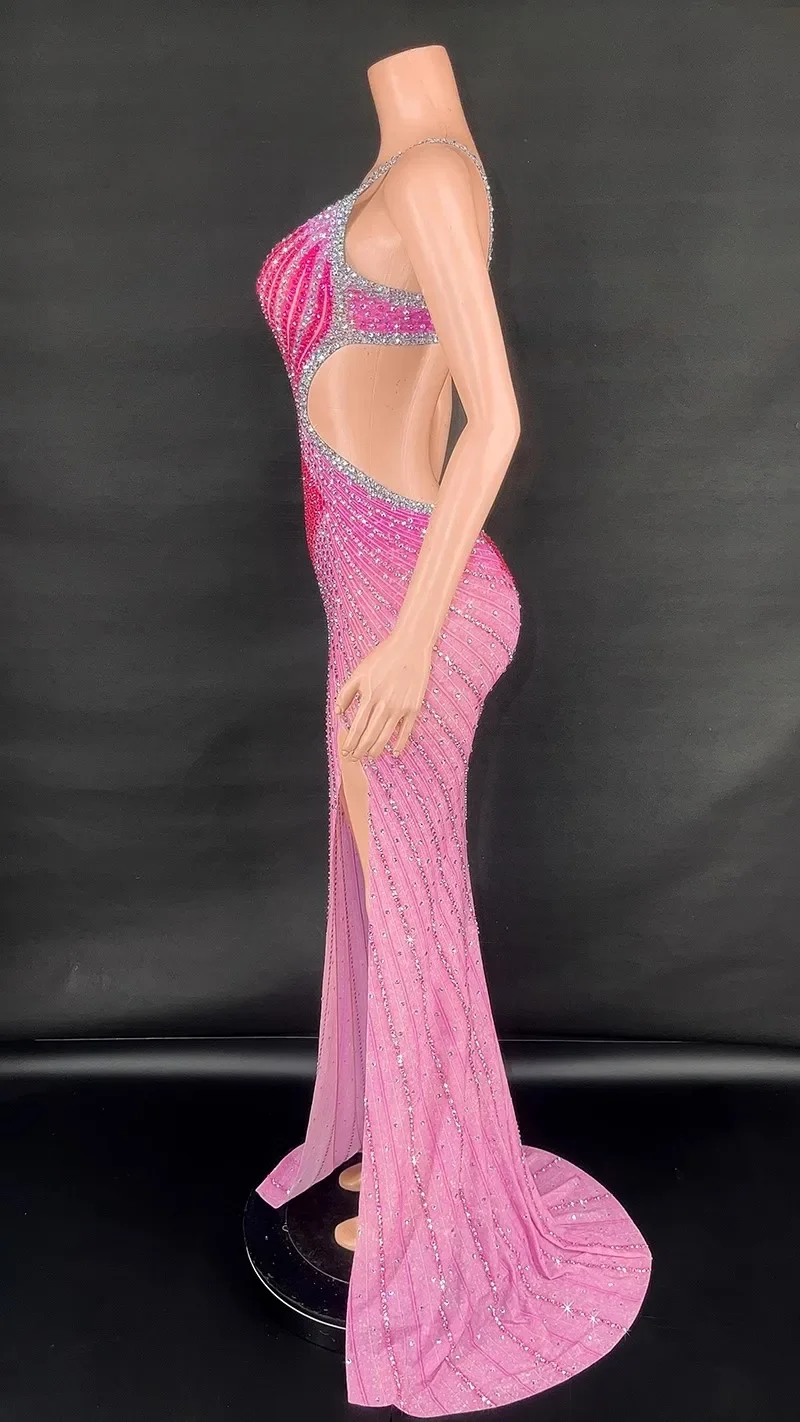 

Pink Diamond Long Dress Party Evening Host Singer Stage Wear Birthday Clothing Sleeveless event outfit
