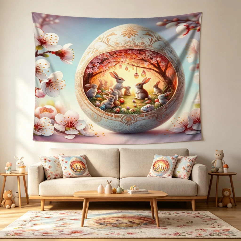 1PC Easter Egg Rabbit Art Print Backdrop Banner, Bedroom Living Room Photo Background, Polyester, Home Decor, Wall Art