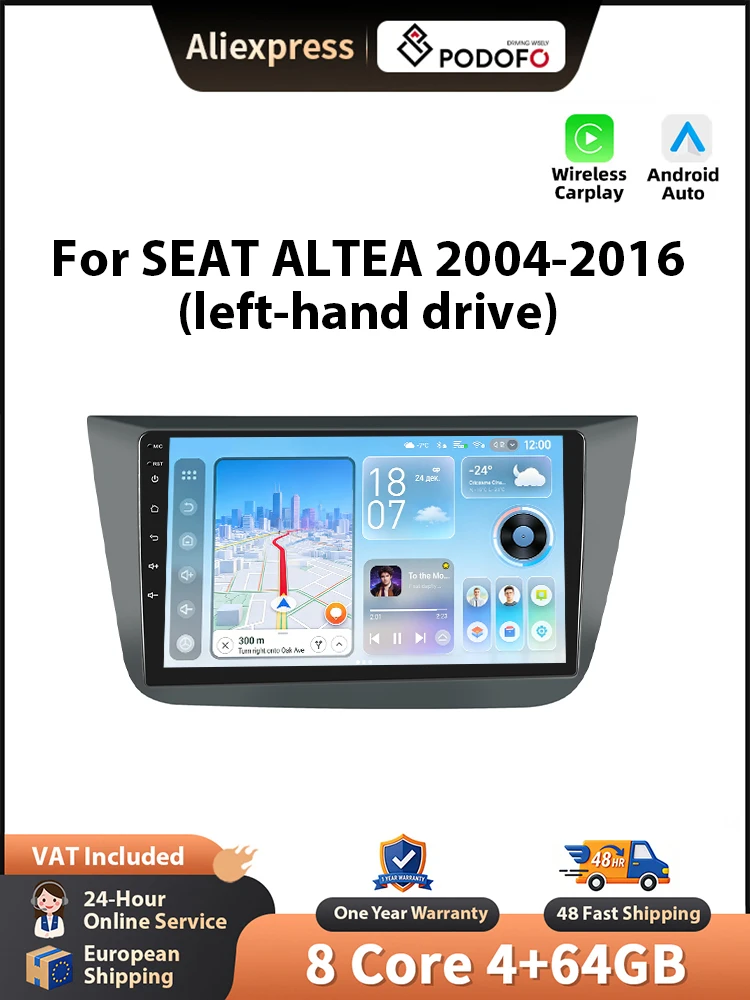 Podofo Wireless CarPlay für Apple für SEAT ALTEA 2004-2016 Android Auto Autoradio GPS FM/RDS Stereo WiFi BT Multimedia Stereo