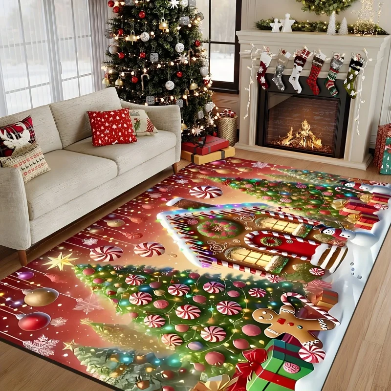 Gingerbread House Candy Cane Ginger Man Christmas Tree Print Large Floor Carpet Soft Doormat for Living Room Xmas Party Decor