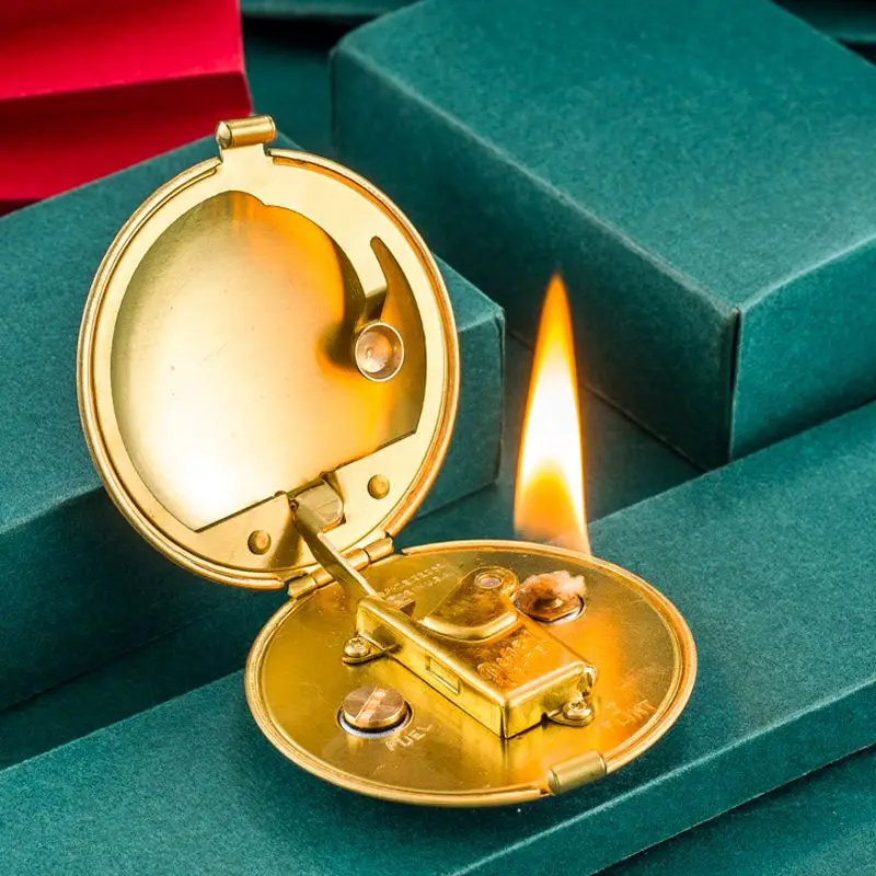 Handmade Brass 1935 Compact Round Semi-Automatic Antique Lighter Mechanical Gasoline Pressed Powder Lighter