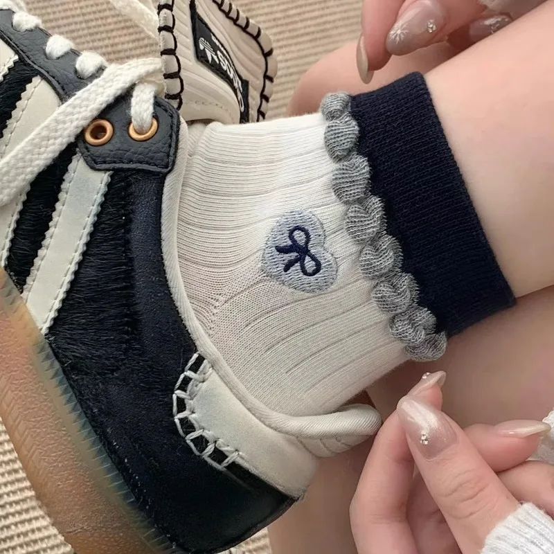 Women Cute Heart Embroidery Crew Socks,Soft Cotton Knit Socks,Cozy Frill Cuff Casual Socks for Daily Bedroom Home Wear