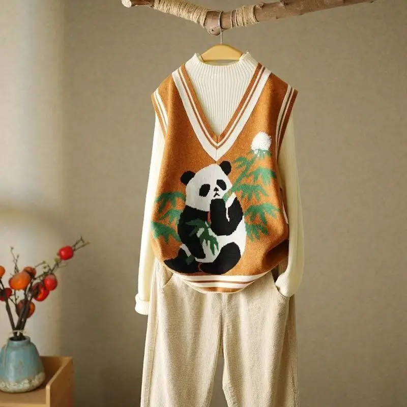 Kawaii Cartoon Panda Sleeveless Sweaters Vest Women's Clothing Fashion Pullovers Spring Autumn Loose Casual V-Neck Knitted Tops