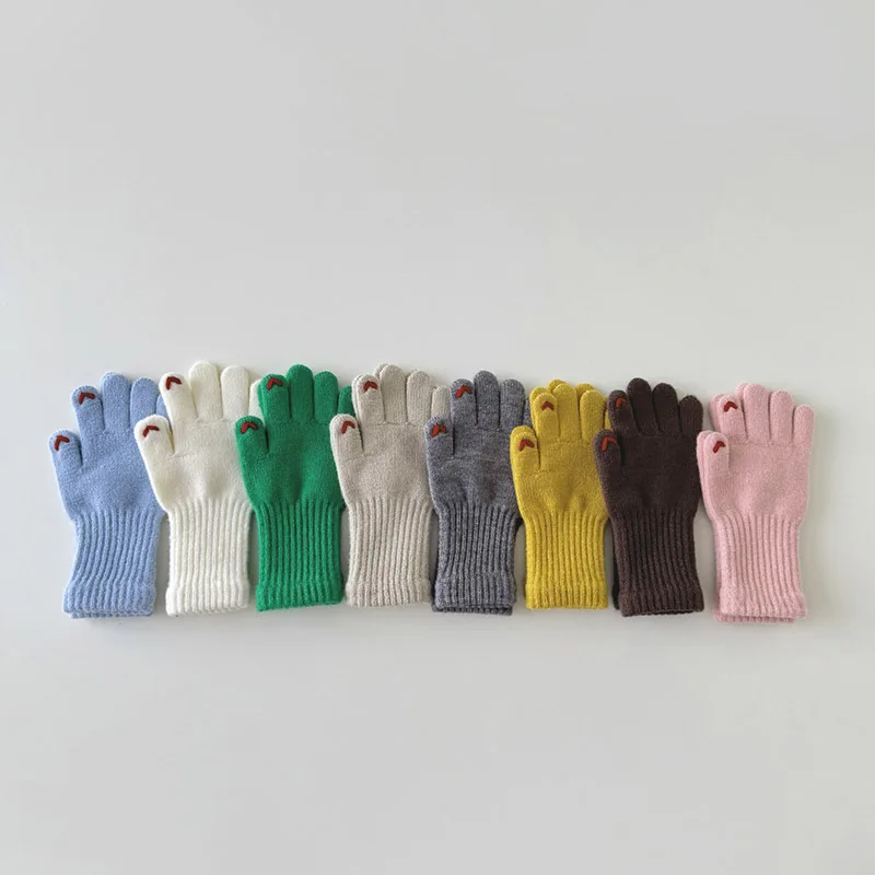 Winter Warme Kinder Lange Handschuhe Solide Wolle Fünf Finger Handschuh Gestickte Liebe Gestrickte Fäustlinge 4-8year Kinder Touchscreen Handschuhe – Detail 2