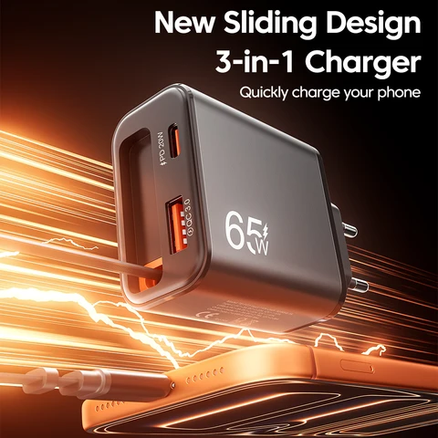 Зарядное устройство USB 65 Вт с выдвижным кабелем Type-C для iPhone и Xiaomi — изображение товара