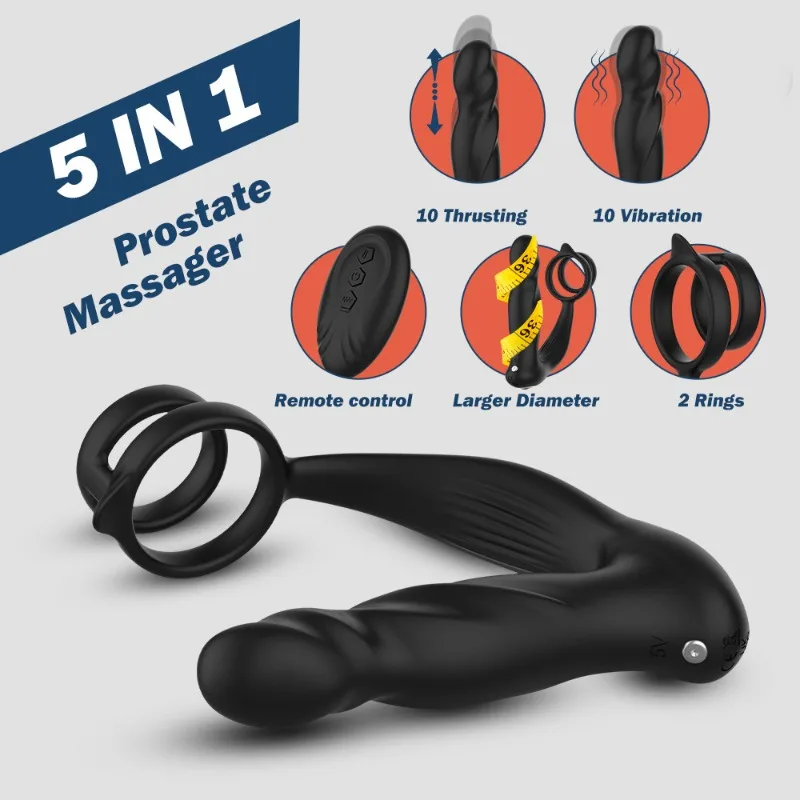 5-in-1 Thrusting Anal Toy for man Prostate Massager APP Remote Control Vibrating Butt Plug with Dual Soft Cock Ring Vibrator