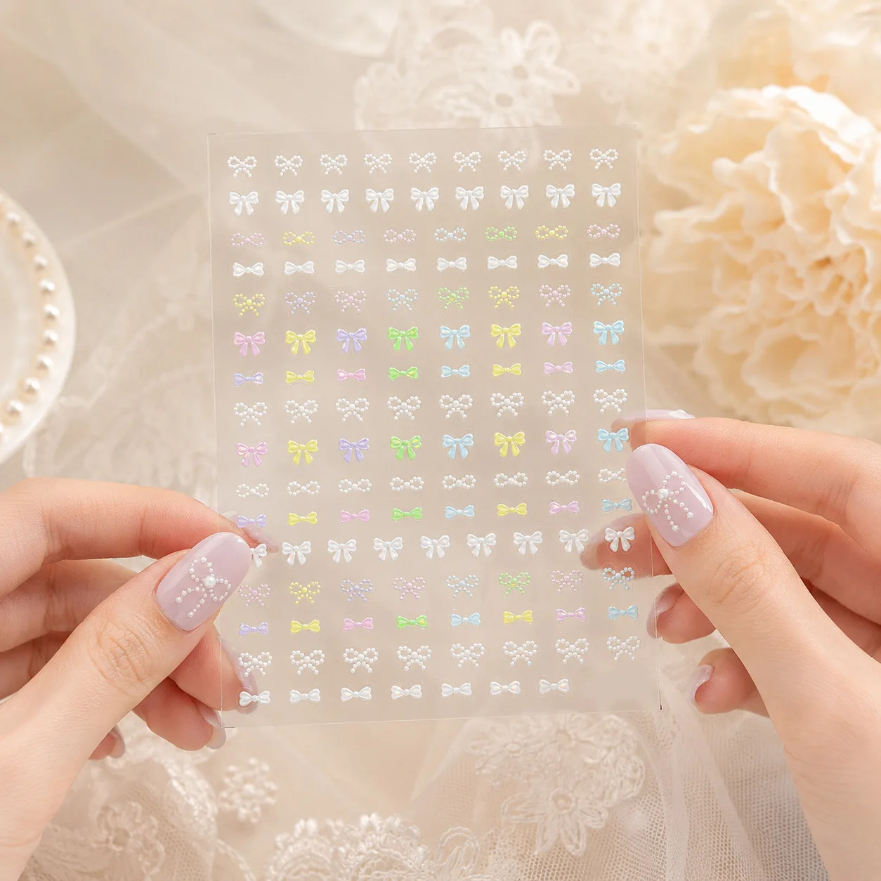 Romantic Ribbon Bow Pearl String French Bowknot 5D Nail Art Sticker Multicolor Macaron Pastel Bows Self Adhesive Decals Manicure