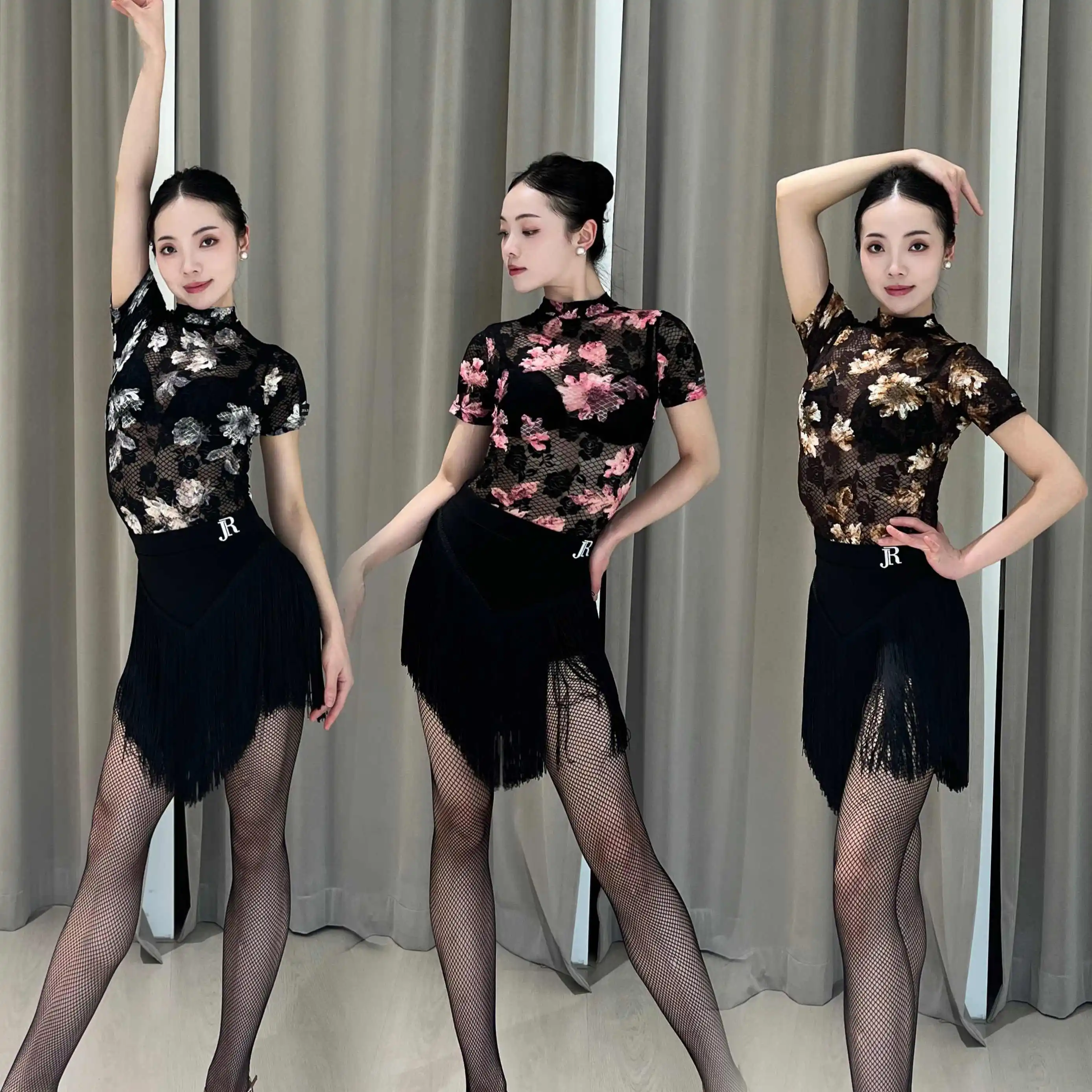 

Костюм для латинских танцев, комбинезон, короткий танцевальный сетчатый топ с цветочным принтом, топ для современного танца, тренировочные костюмы, одежда для взрослых, чача, румба, танго, DQL9983