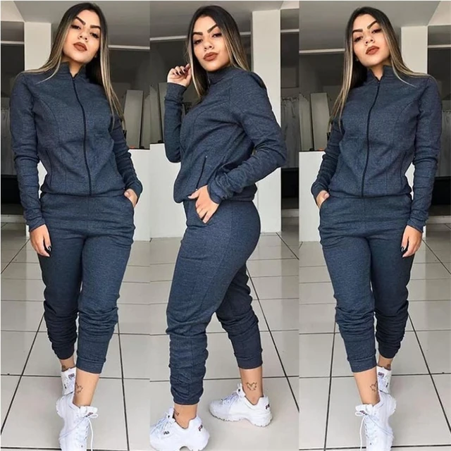 Women Nike Sets women s Solid Color Sweat Suit Polyester Cotton Gym Set With Zip