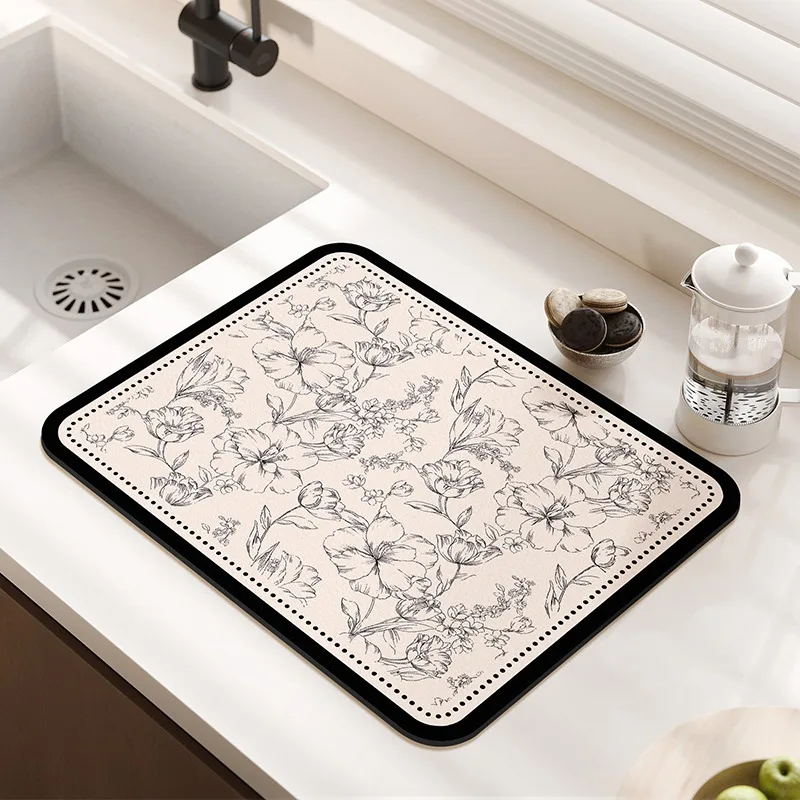 Kitchen Counter Drying Mat Floral Pattern Printed Diatomaceous Earth Absorbent Mat Desktop Tableware Dry Pad Cup Bar Mat