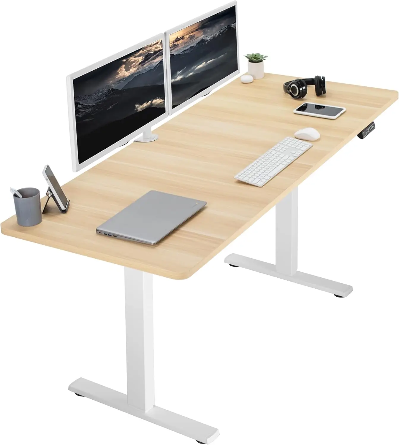 

Electric 71 x 30 inch standing desk workstation with memory controller height adjustment with light wood top white frame