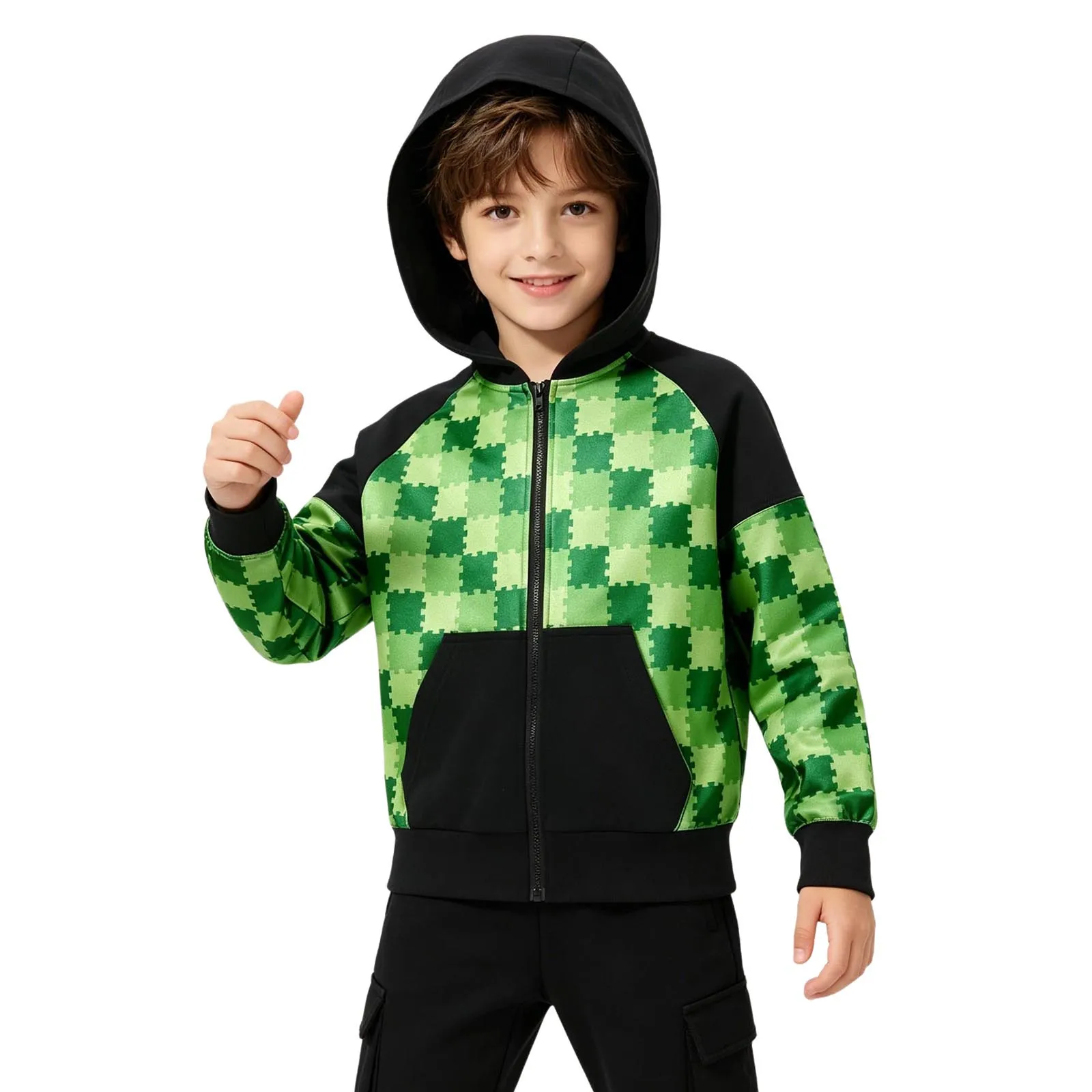 

Kids Boys Halloween Cosplay Plaid Hoodie Long Sleeve Zipper Front Color Block Hooded Jacket for Sports Electronic Game Character