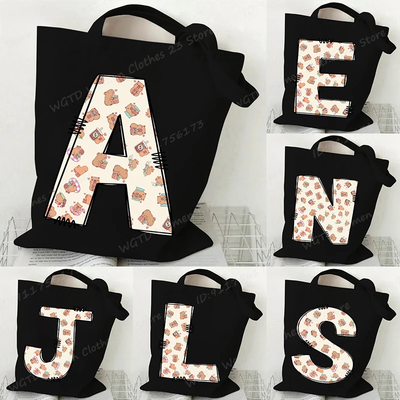 Fashion Capybara 26 Alphabet Print Tote Bags Women Harajuku Shopper Handbag Cute Capybara Shoulder Shopping Bag Lady Canvas Bag