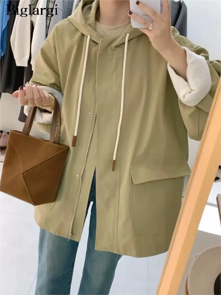 

Autumn Hooded Midi Coat Women Casual Loose Korean Style Ladies Long Sleeve Jackets Fashion Woman Coats