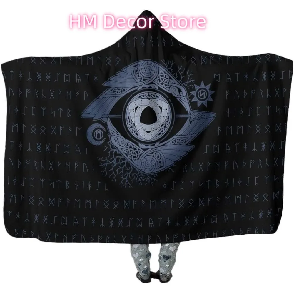 Viking Crow Hooded Blanket Norse Runes and Raven Pattern Wearable Blanket 3D Print Hooded Cloak Warm Travel Cape Wrap Blanket fo