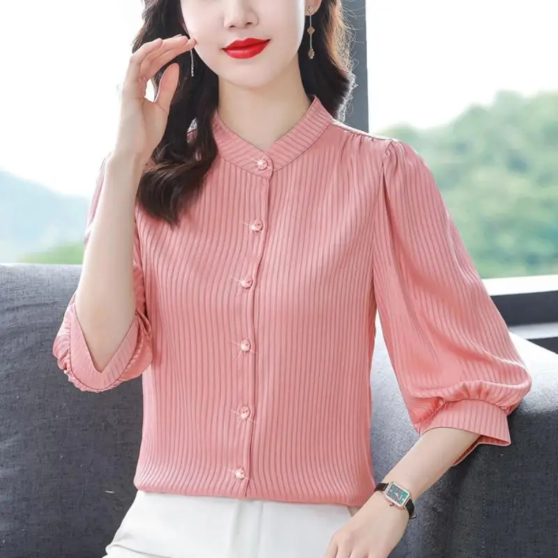 Temperament Solid Color Striped Shirt Summer Women\'s Fashion Versatile Bubble Sleeve Stand Up Collar Loose Single Breasted Shirt