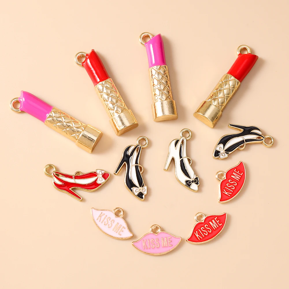 10 Stück niedliche Emaille-Anhänger in Form von roten Lippen und High Heels, Lippenstift-Charms für die Schmuckherstellung, Halsketten, Ohrringe, Armbänder, DIY-Bastelbedarf – Detail 3