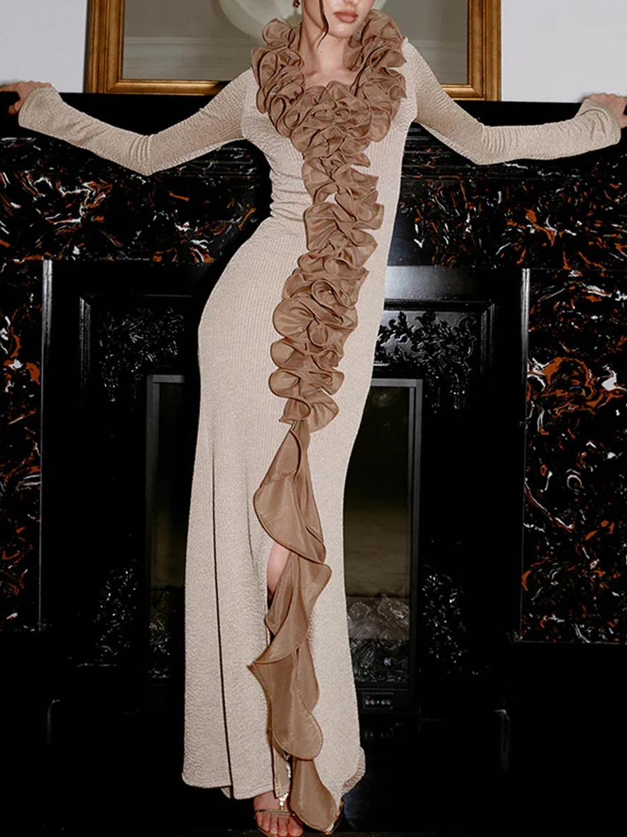 TWOTWINSTYLE ضرب اللون التخسيس تقسم الفطريات طيات فساتين الموضة للنساء الخامس الرقبة طويلة الأكمام فستان أنيق الملابس النسائية