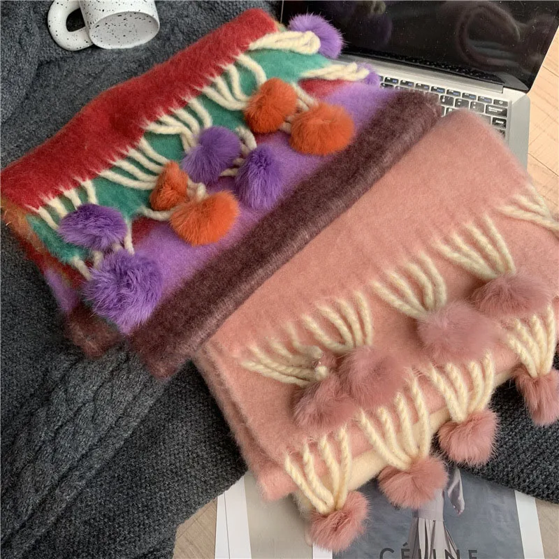 Korea Real Rabbit Fur Ball Warm Dopamine Scarf Soft Stripe Long Shawl Female Colorfur Thermal Y2K Scarf Girls Teen Muffler