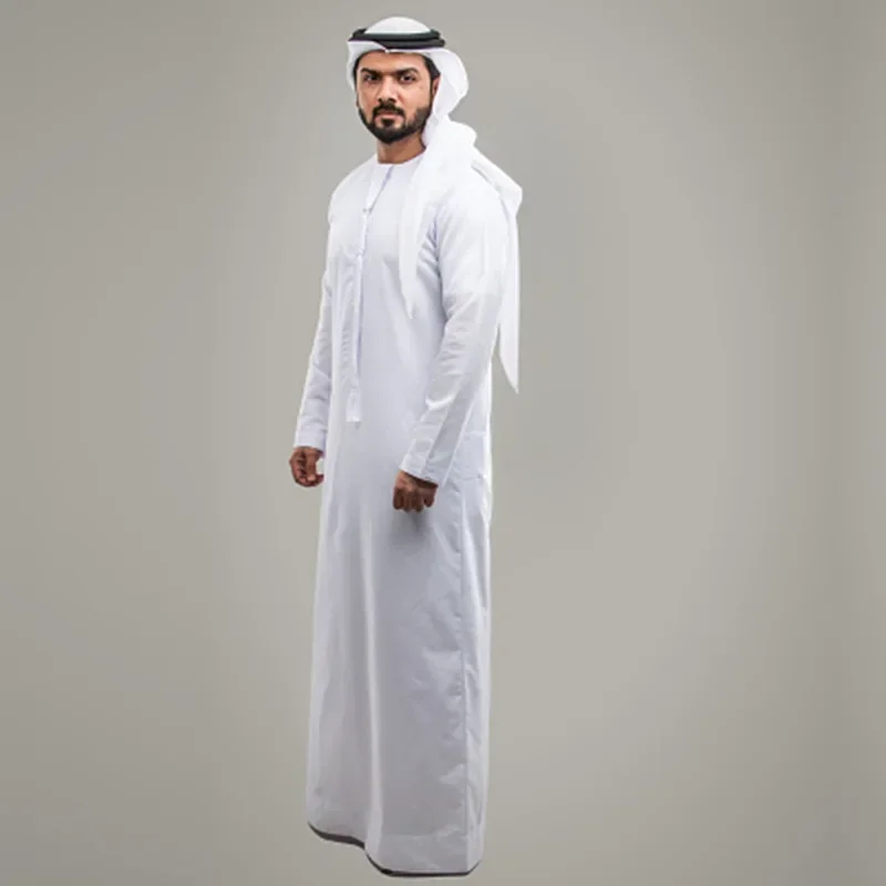 2024 Men's New Muslim Abaya Casual Middle Eastern Round Neck Robe + White Headscarf + Headband Islamic Robe Clothing