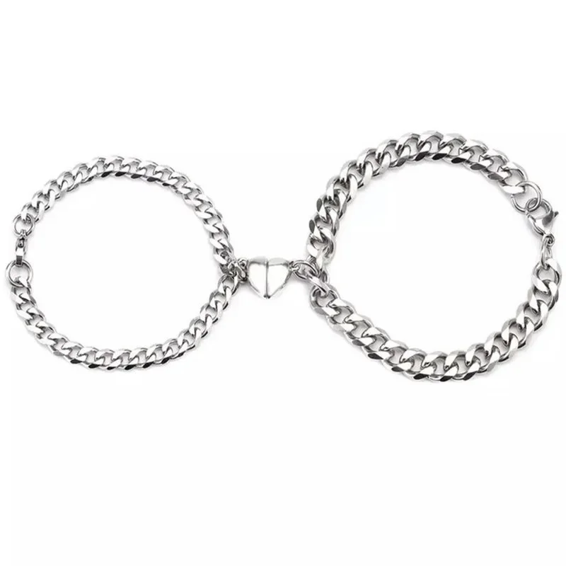 1Pair Romantic Couple Bracelet for Women Men Heart Magnet Lock Key Double Layer Chain Bracelet Trendy Lover Jewelry Gifts