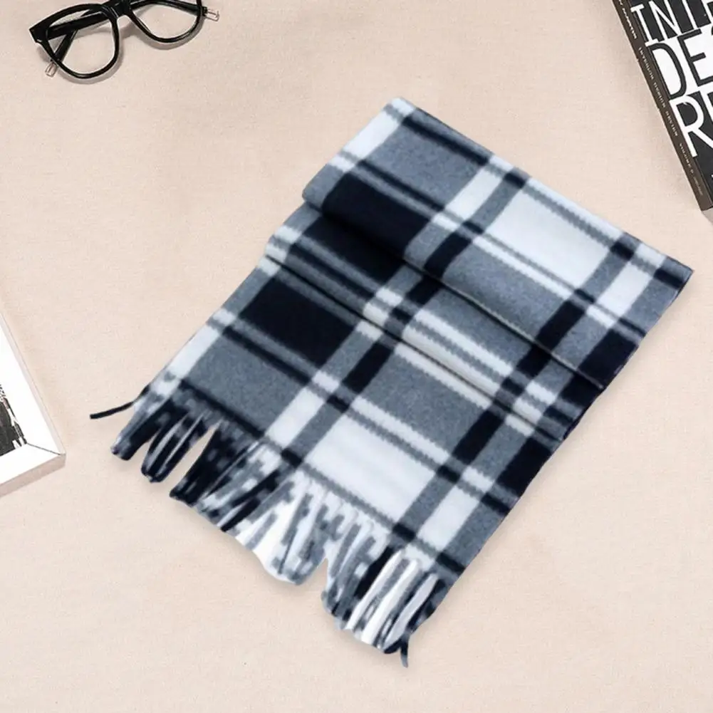 Tassel Decor Scarf Plaid Print Tassel Winter Scarf for Unisex Thick Warm Double sided Plush Long Wide Neck for Ladies