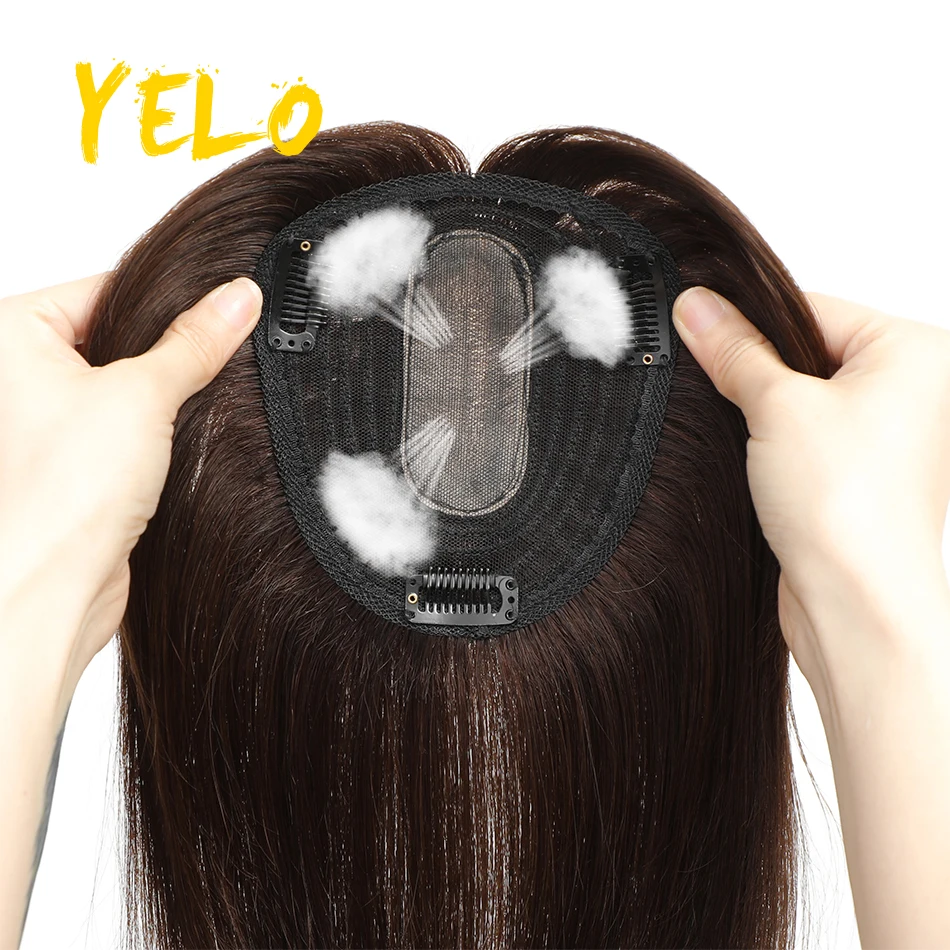 Yelo Natural Topper Human Hair Piece With Bang 100% Brazilian Remy Topper Middle Clip In Hair Extensions Machine Made Lace Base