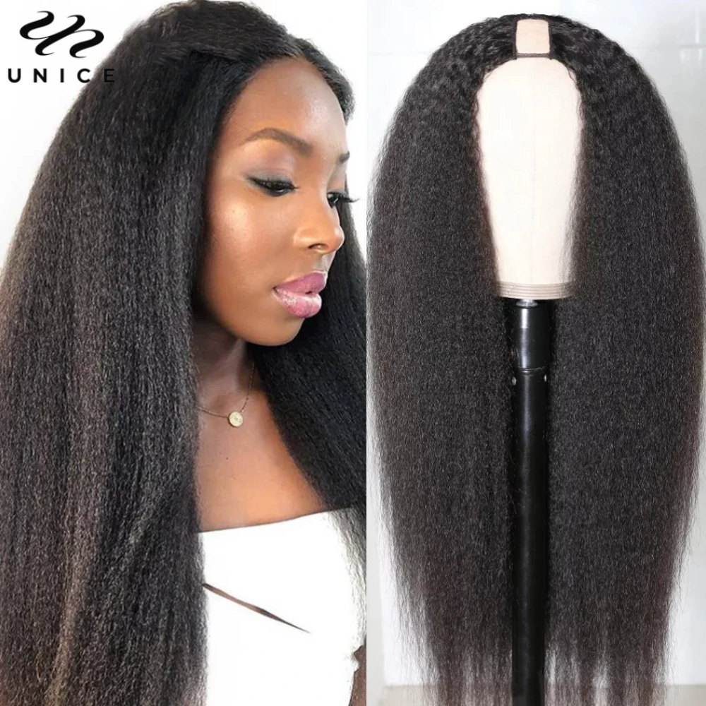 UNICE Hair Upgraded Drawstring Kinky Straight U Part Wig 100% Human Hair Glueless Wig 150% Density Mini Leave-Out Perfect Blend