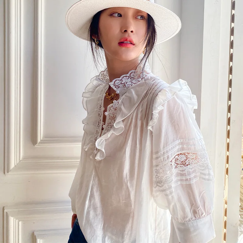 

TEELYNN Casual Boho White Lace Shirts Women Vintage Stand Collar Half Sleeve Summer Shirt 2022 Vintage Embroidered Loose Blouses