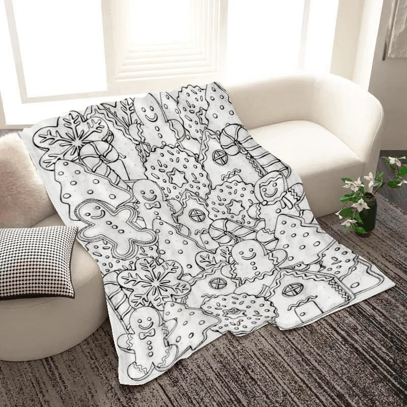 Black and White Line Draft Gingerbread Man Christmas Element Print Flannel Blanket Soft Sofa Cover Blanket Bedroom Nap Blanket