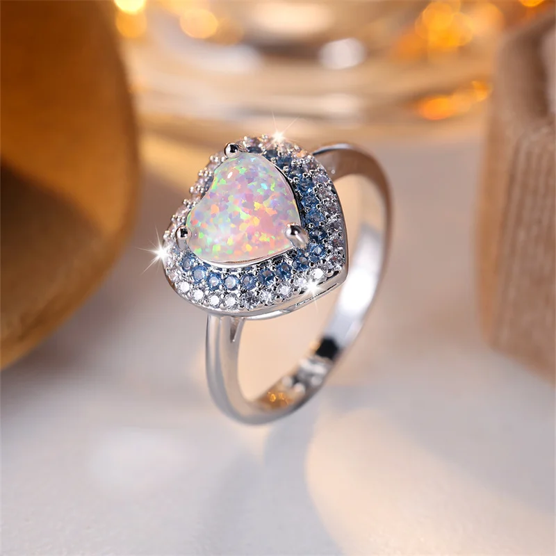 Luxury Rainbow White Fire Opal Rings For Women Silver Color Metal Big Heart Wedding Bands Blue Zircon Promise Engagement Jewelry