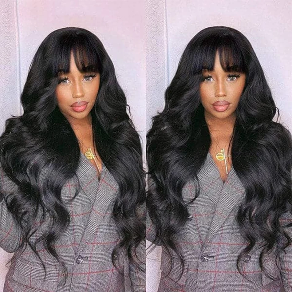 Body Wave Human Hair Wigs With Bangs Brazilian Wig Pre Plucked Cheap Hair Wigs On Sale Clearance Full Machine Made Wig With Bang