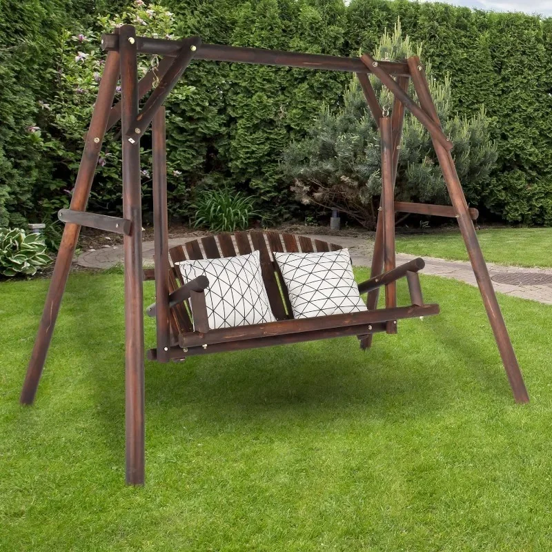 Patio Porch Swing Set, 67in Wood Log Swing Stand with Bench Loveseat Stable A-Frame for Patio Backyard Deck