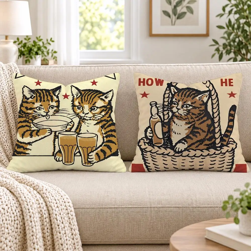 Cheers Drunk Cats Cushion Cover Short Plush Double-Sided Printing Sofa Bedroom Living Room Throw Pillow Cover Home Decor