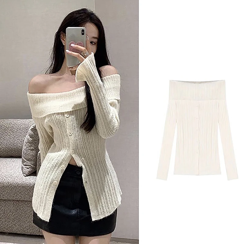 Vintage Button Up Solid Elegant Women Slash Neck Long Sleeve Knitted Sweater