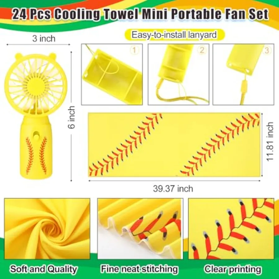 24 Pcs Cooling Towels and Fans Set Mini Handheld Fans Bulk 32 x 12 Inch Ice Towel Chilly Handheld Battery Powered Fan Sport Gif