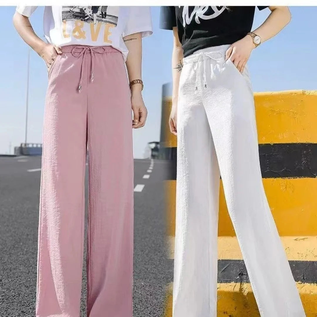 Plus size Women Ankle-Length Wide Leg Pants Casual Summer Solid Elastic Waist Loose Ice Silk Pants Spring Summer Female Trousers image 2