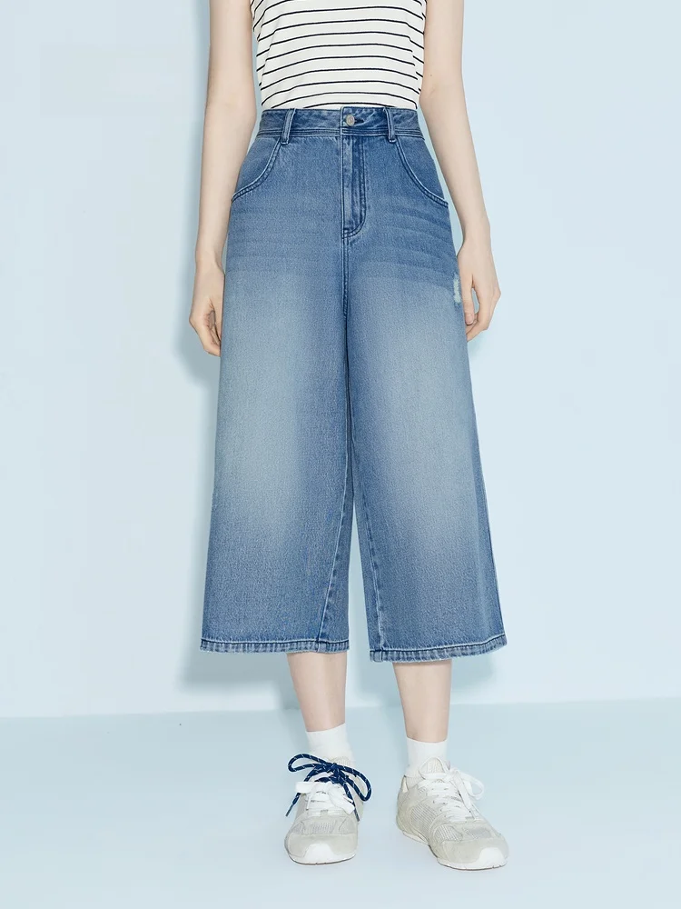 

Summer New Women's Jeans Shorts Indicia High Waist Loose Fit Cotton Casual High Waist Wide Leg Pants Seven-Quarter Length
