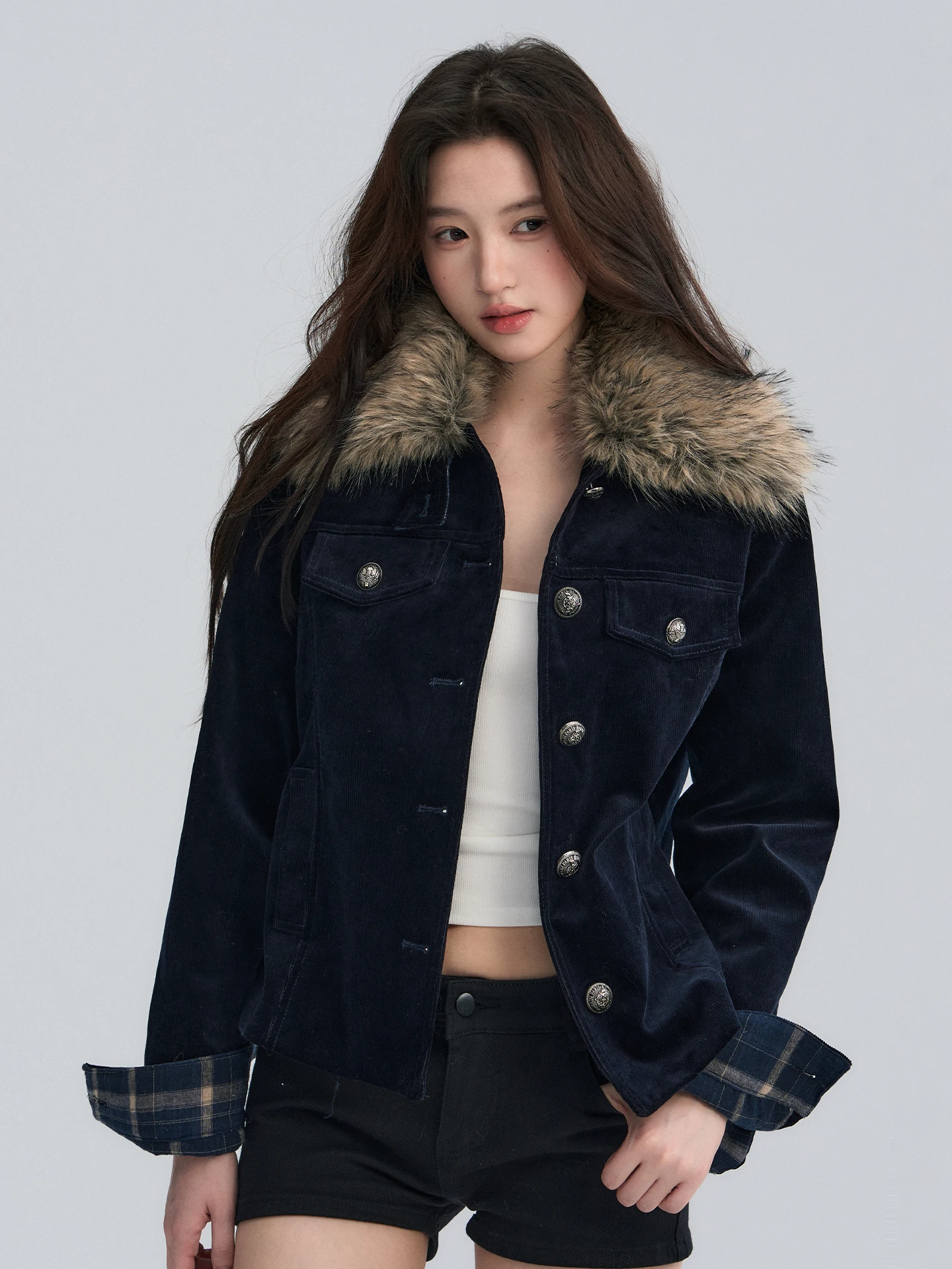 

OIOI E Retro Motorcycle Sle ort Quilted Corduroy Jaet Women's Fur Collar Denim Coat Casual Loose Fit Autumn Top