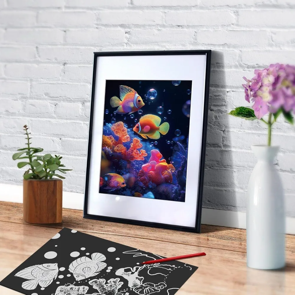 Adult and adolescent scratch art, 4 sheets of scratch paper glowing in the dark rainbow, beautiful night scene scratch paintings