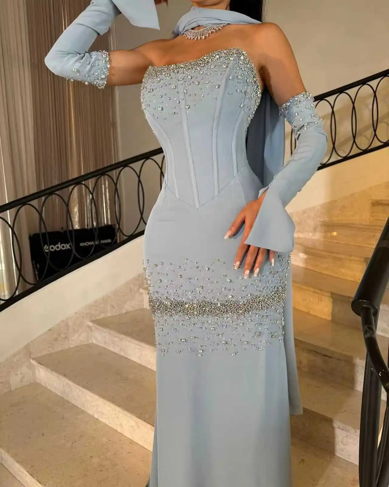 Robe de soirée de forme sirène, Jersey de luxe personnalisé, rubans en cristal, sans manches, sans bretelles, longueur au sol, robes de soirée