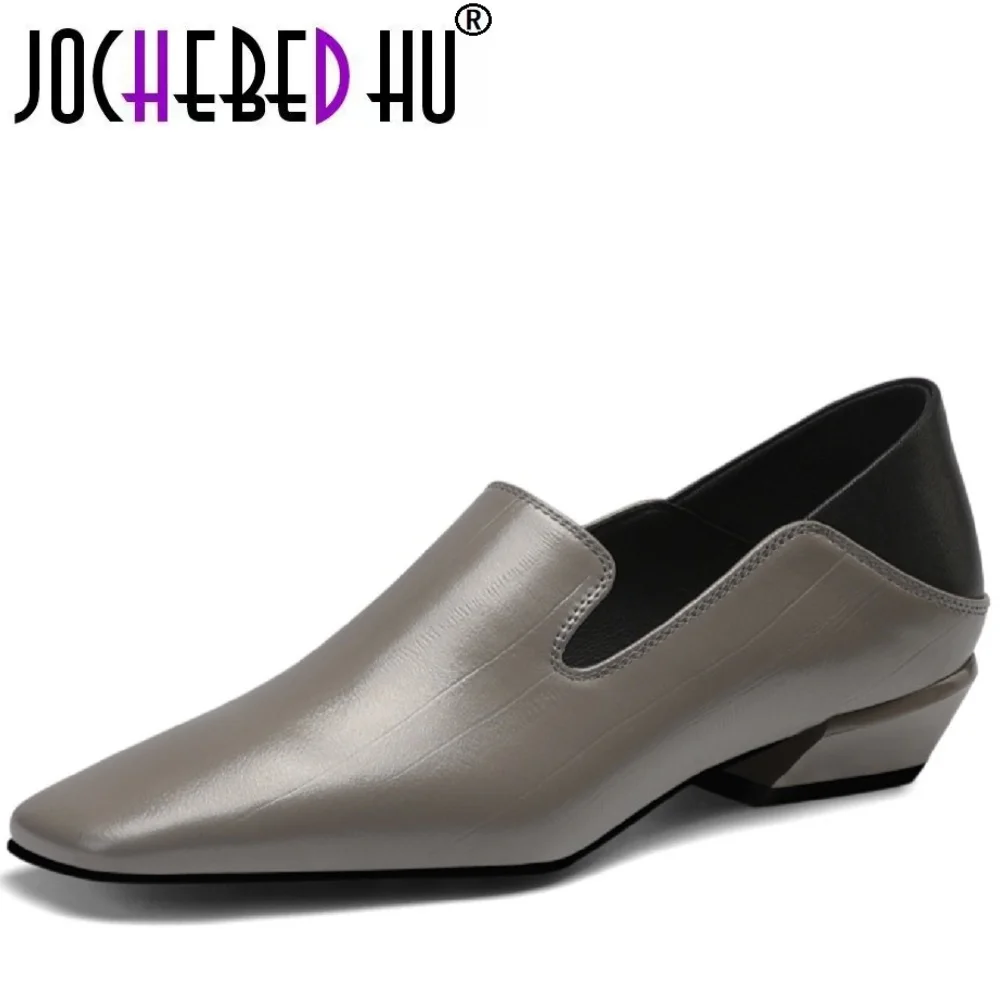JOCHEBED HUWoman Handmade Genuine Leather Elegant Square Toe Cute Casual Flats Female Retro Shoe Mid Heeled Soft Soled 34-40