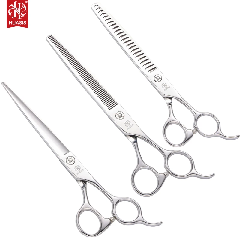 HUASIS HU39 6.5“ 7” 7.5“ 8” Offset Handle Straight Thinning and Chunker Scissors Set for Pet Groomers Professional Grade