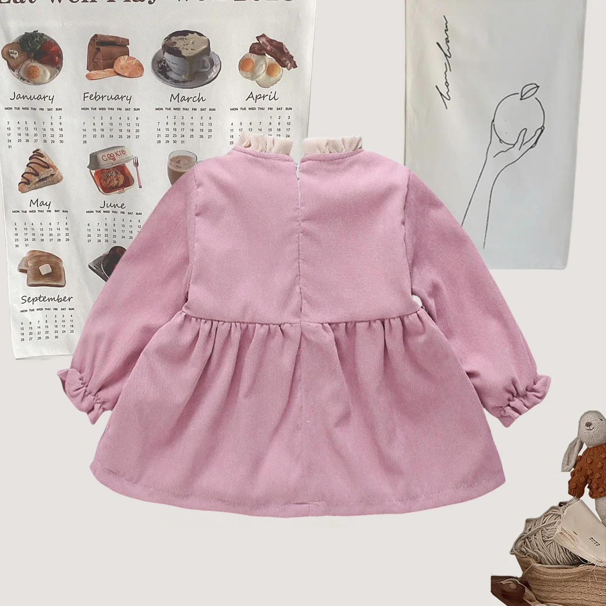 Winter Baby Girl Fleece Dress Bow Soft Standing Neck Solid Color Thickened And Warm Retro Baby Dress