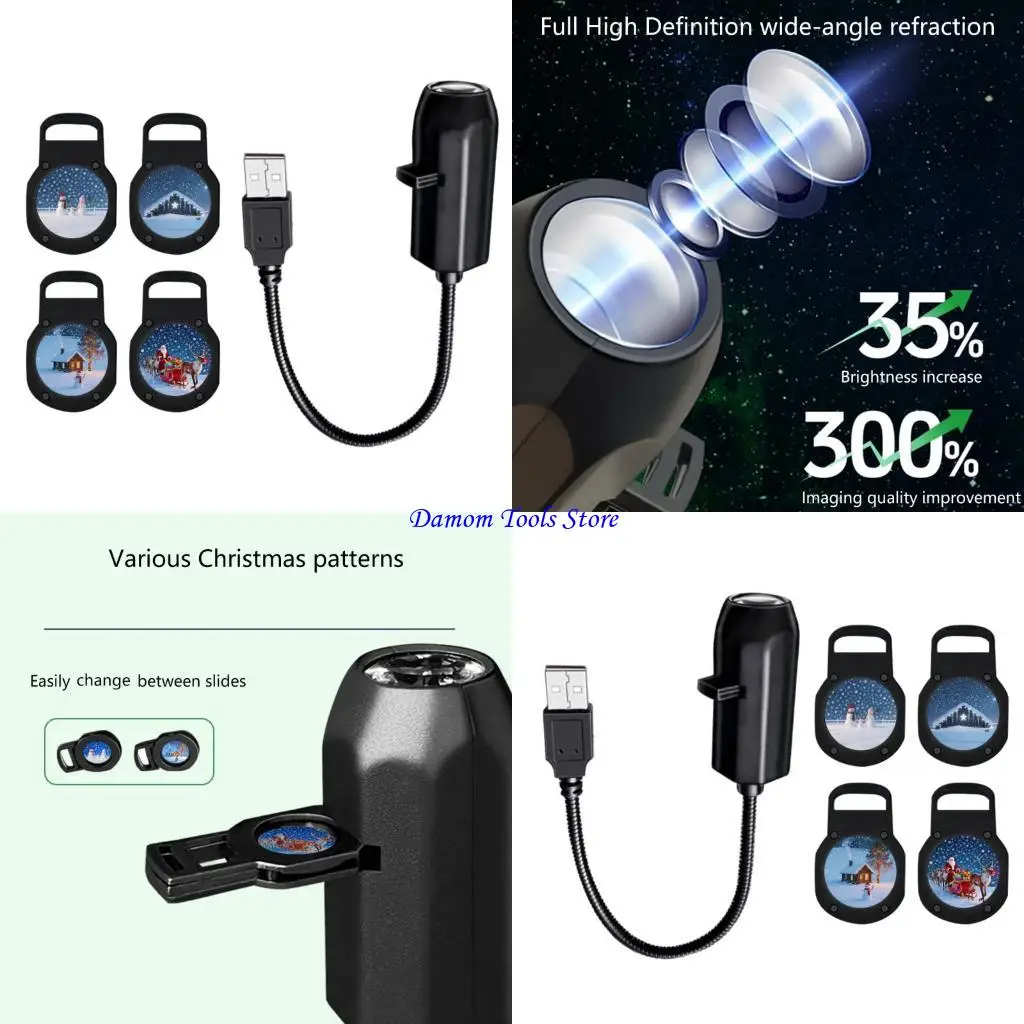 57BE USB Powered Christmas Pattern Projector Light 4 Slides,360° Rotation for Room Wall Ceiling
